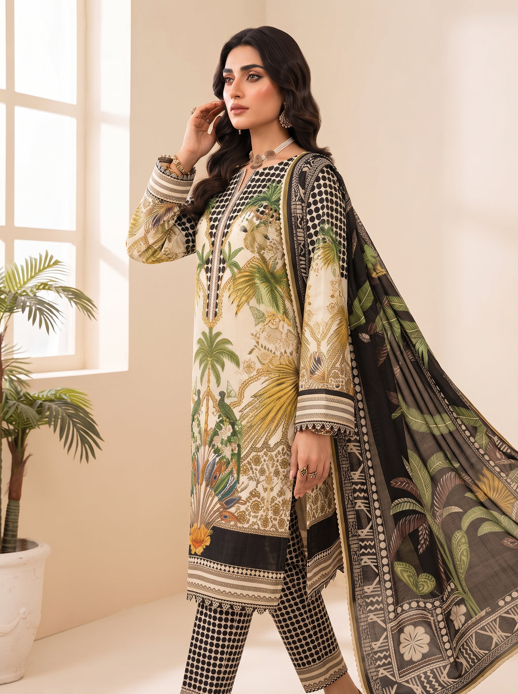 Off-White & Black Tropical Printed Shamooz Silk 3 Piece Suit