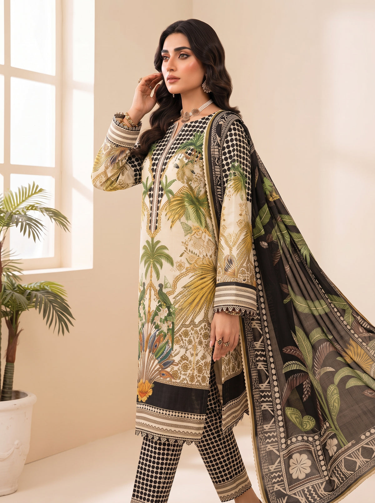 Off-White & Black Tropical Printed Shamooz Silk 3 Piece Suit