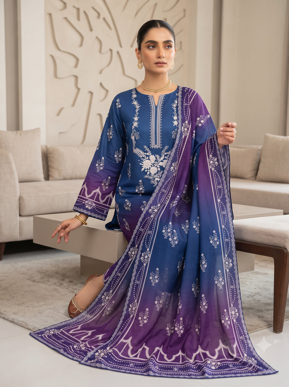 Royal Blue & Purple Ombre Printed Shamooz Silk 3 Piece Suit