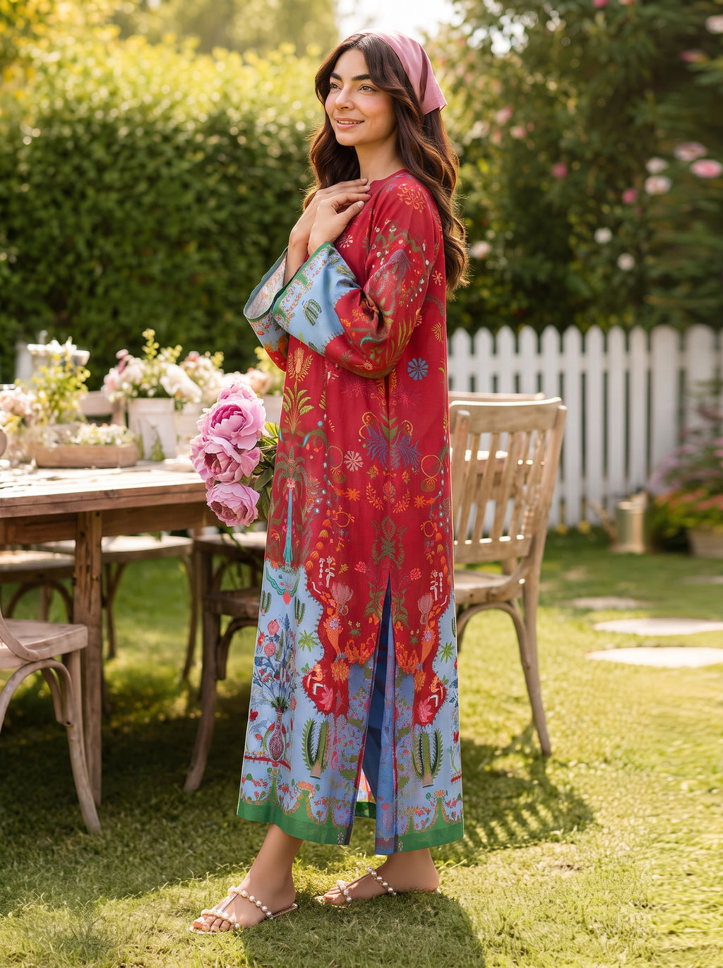 Crimson Red & Sky Blue Printed Shamooz Silk 3 Piece Suit