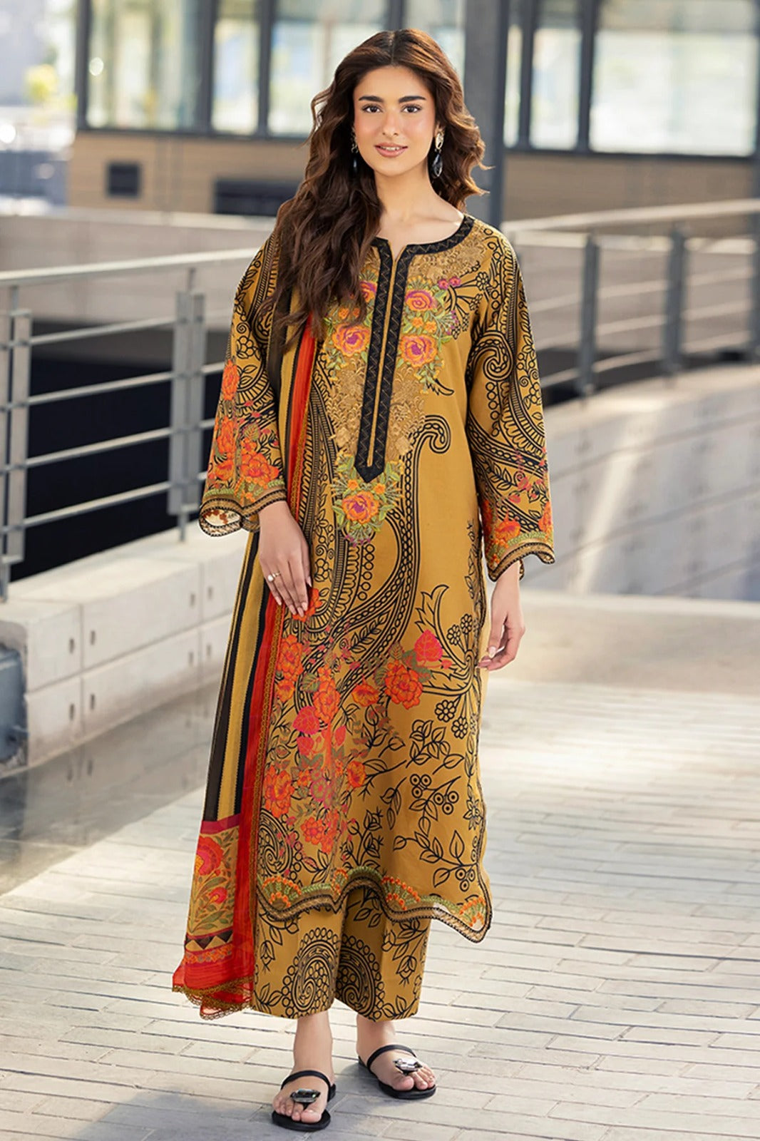 Mustard Embroidered Printed 3-Piece Lawn Suit