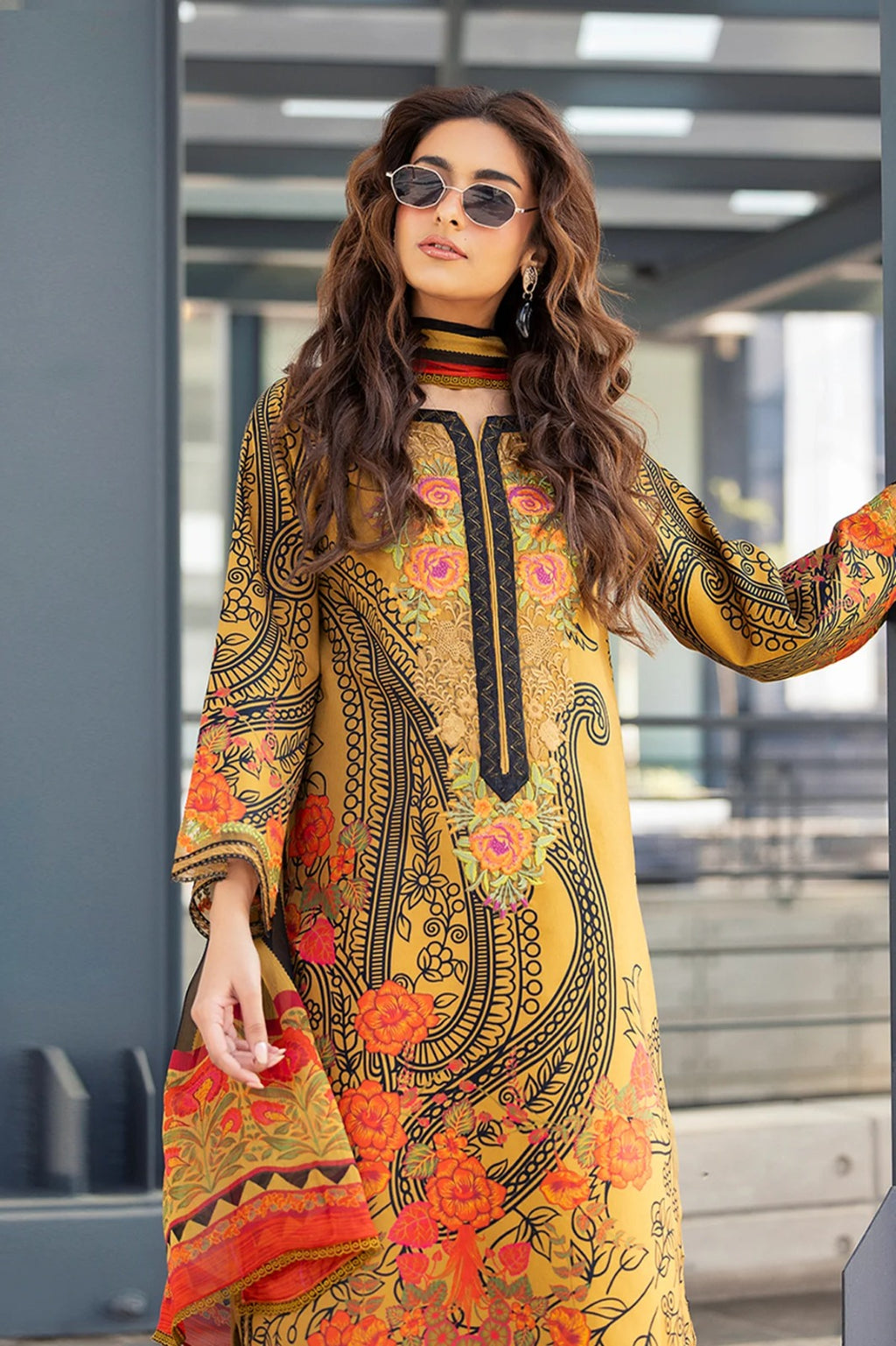 Mustard Embroidered Printed 3-Piece Lawn Suit
