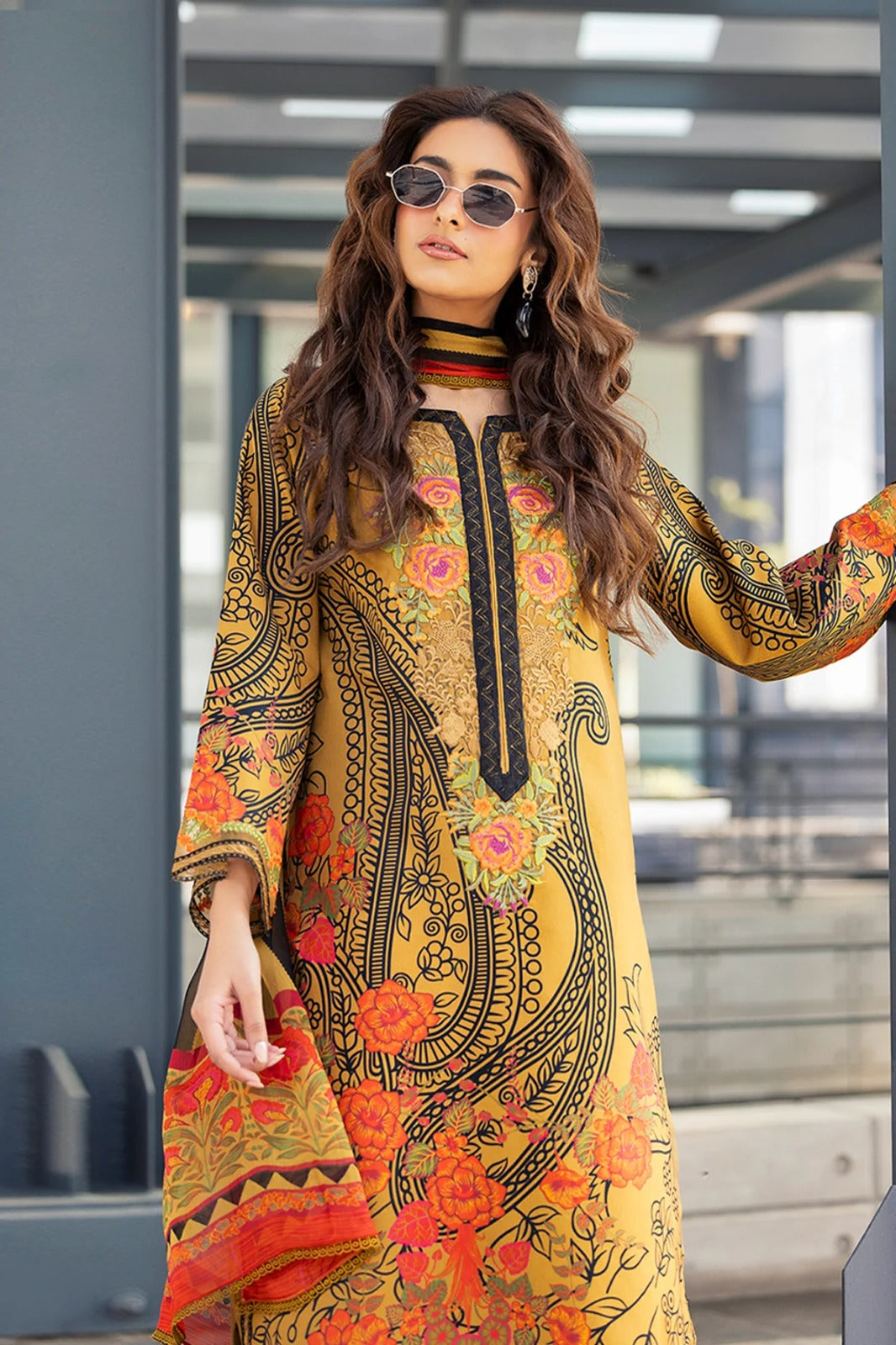 Mustard Embroidered Printed 3-Piece Lawn Suit
