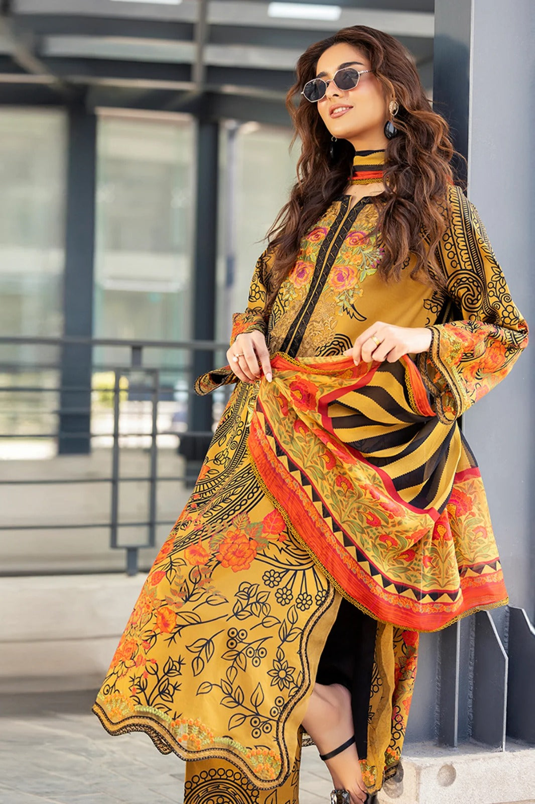 Mustard Embroidered Printed 3-Piece Lawn Suit