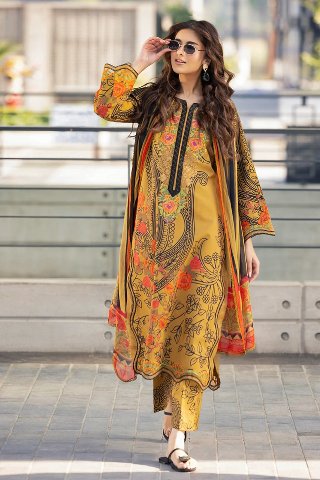 Mustard Embroidered Printed 3-Piece Lawn Suit