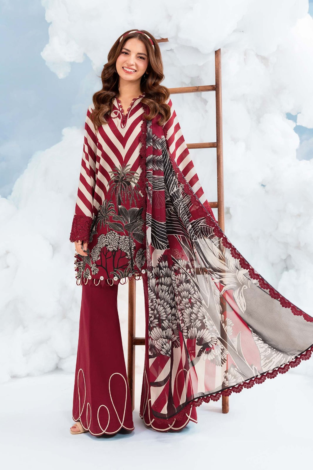 Maroon Chevron Printed 3-Piece Lawn Suit