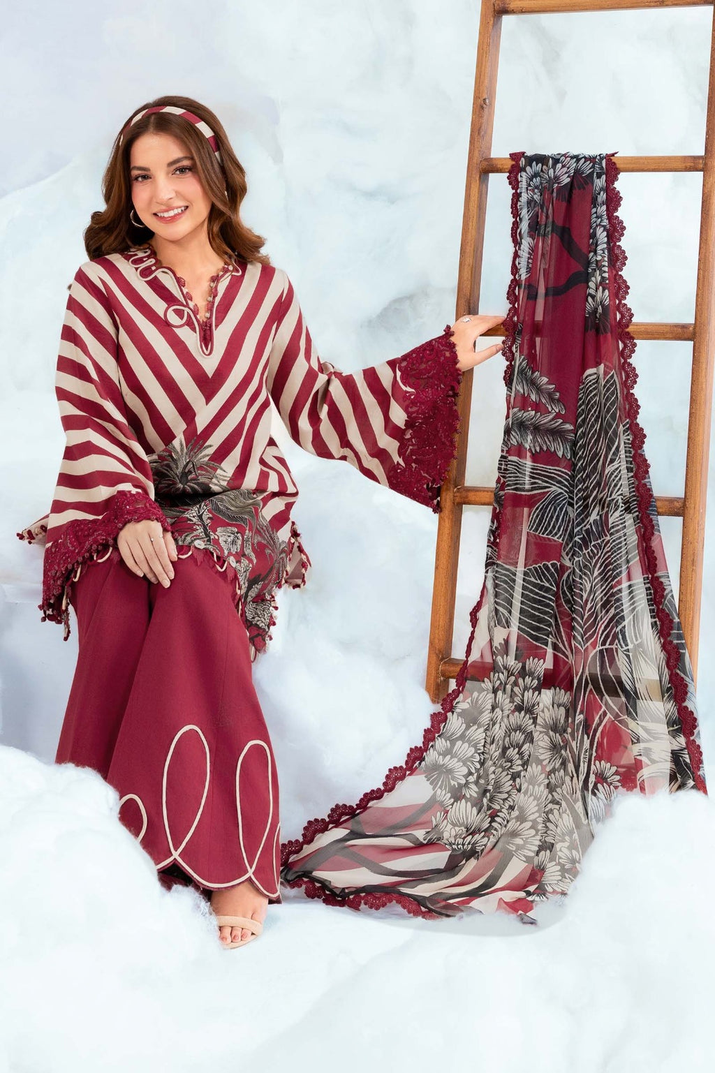Maroon Chevron Printed 3-Piece Lawn Suit