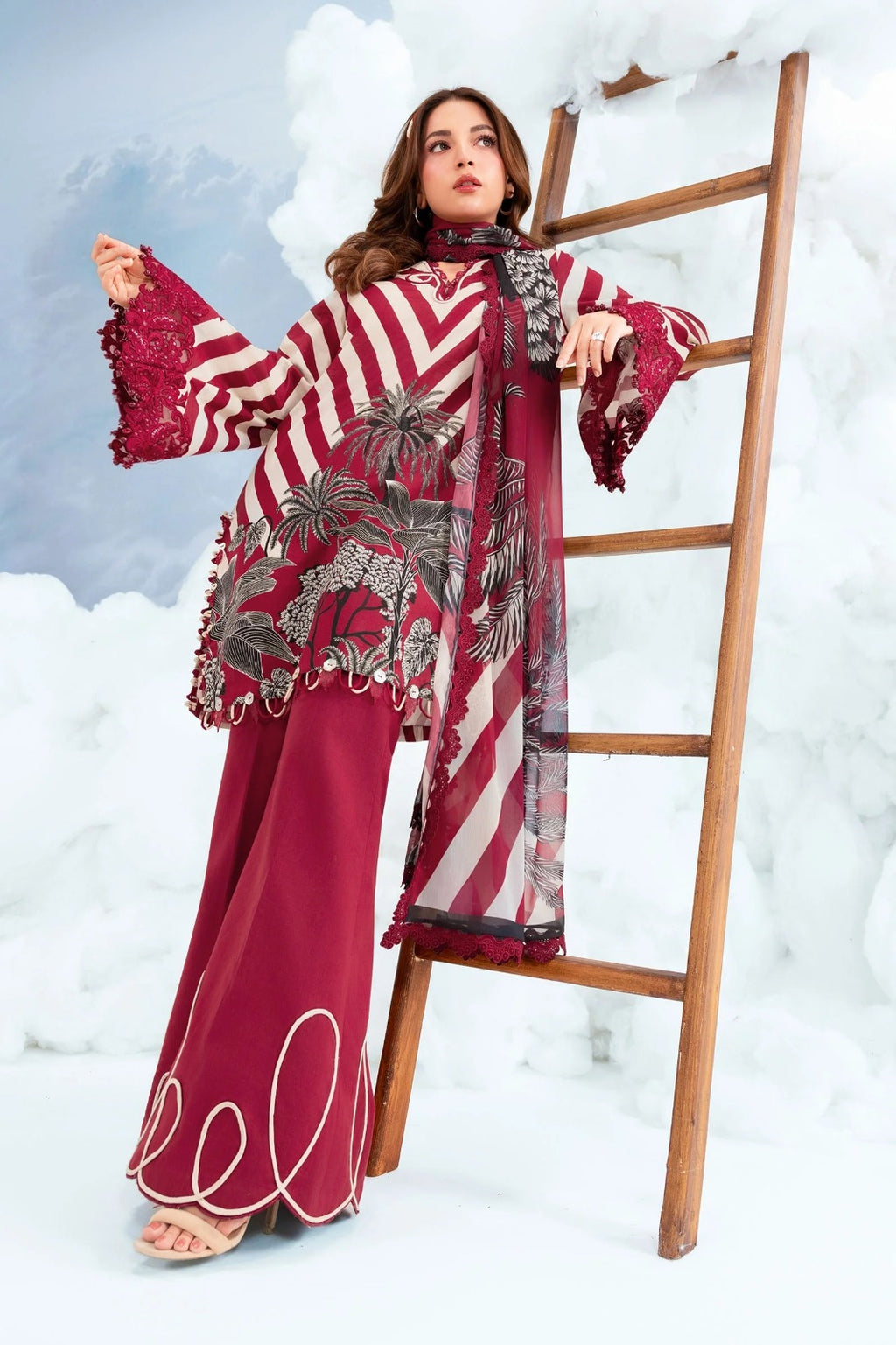 Maroon Chevron Printed 3-Piece Lawn Suit