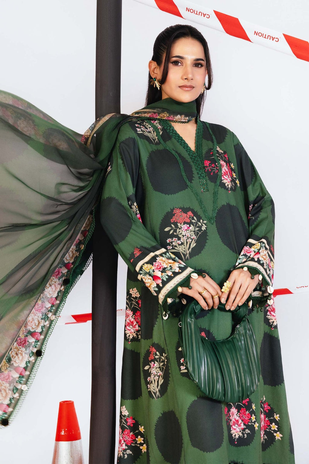 Dark Green Floral Printed 3-Piece Lawn Suit