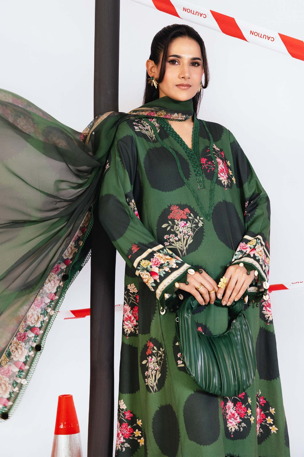 Dark Green Floral Printed 3-Piece Lawn Suit
