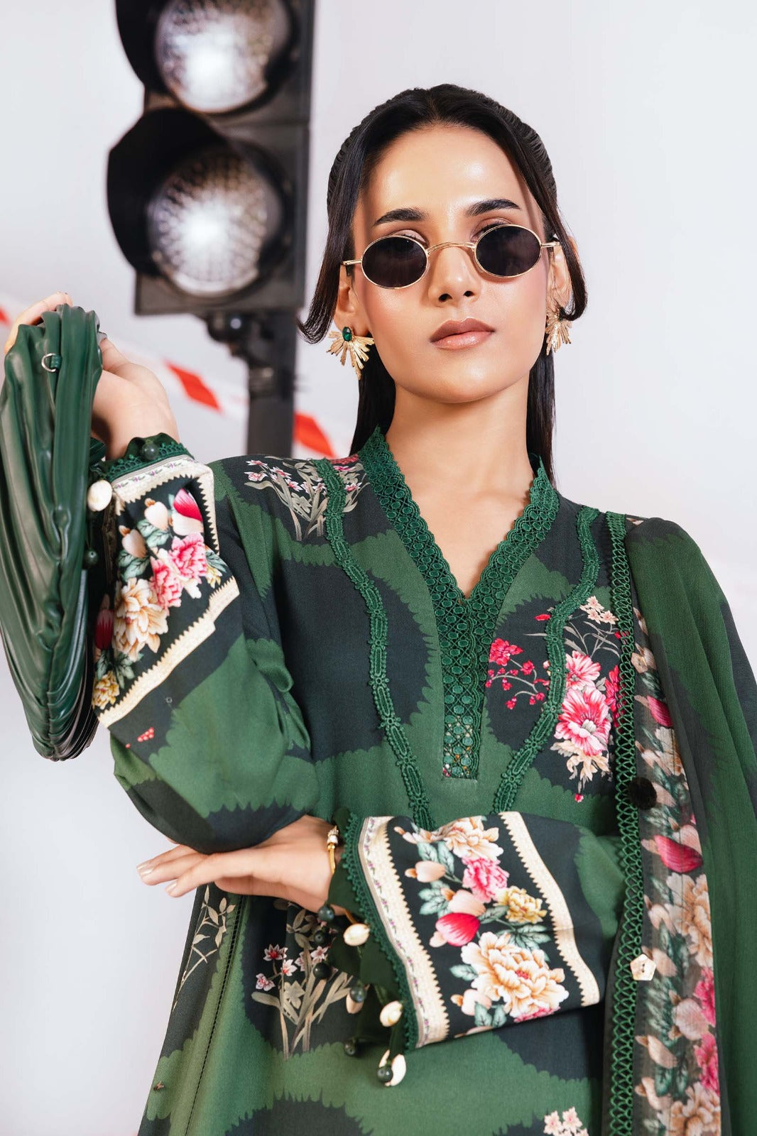 Dark Green Floral Printed 3-Piece Lawn Suit