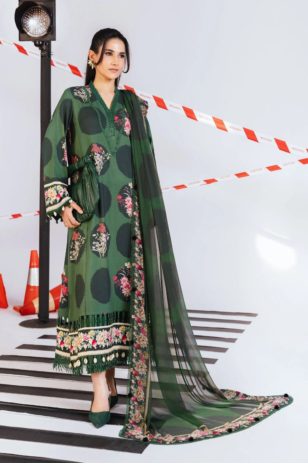 Dark Green Floral Printed 3-Piece Lawn Suit