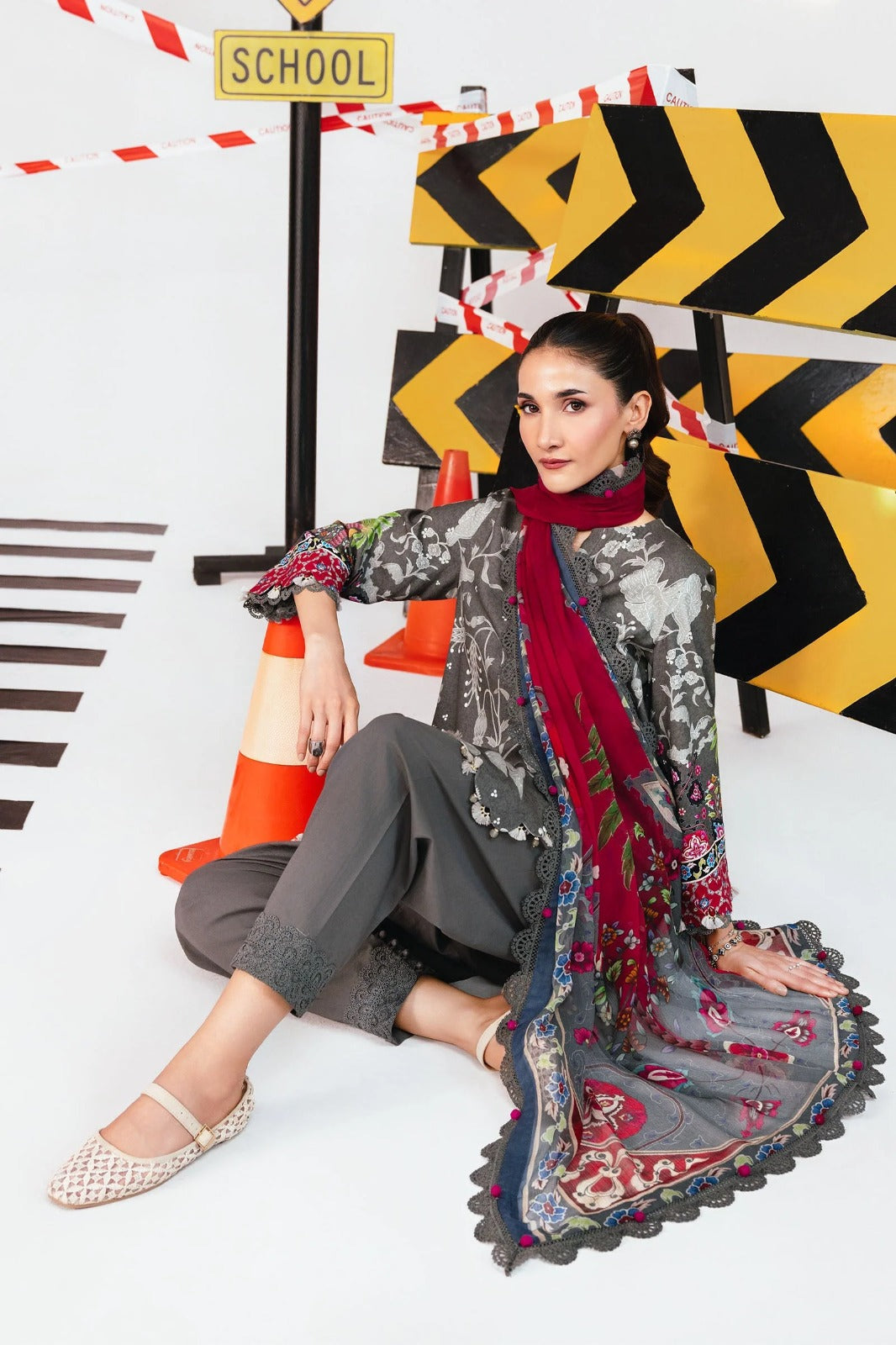 Charcoal Floral Printed 3-Piece Lawn Suit
