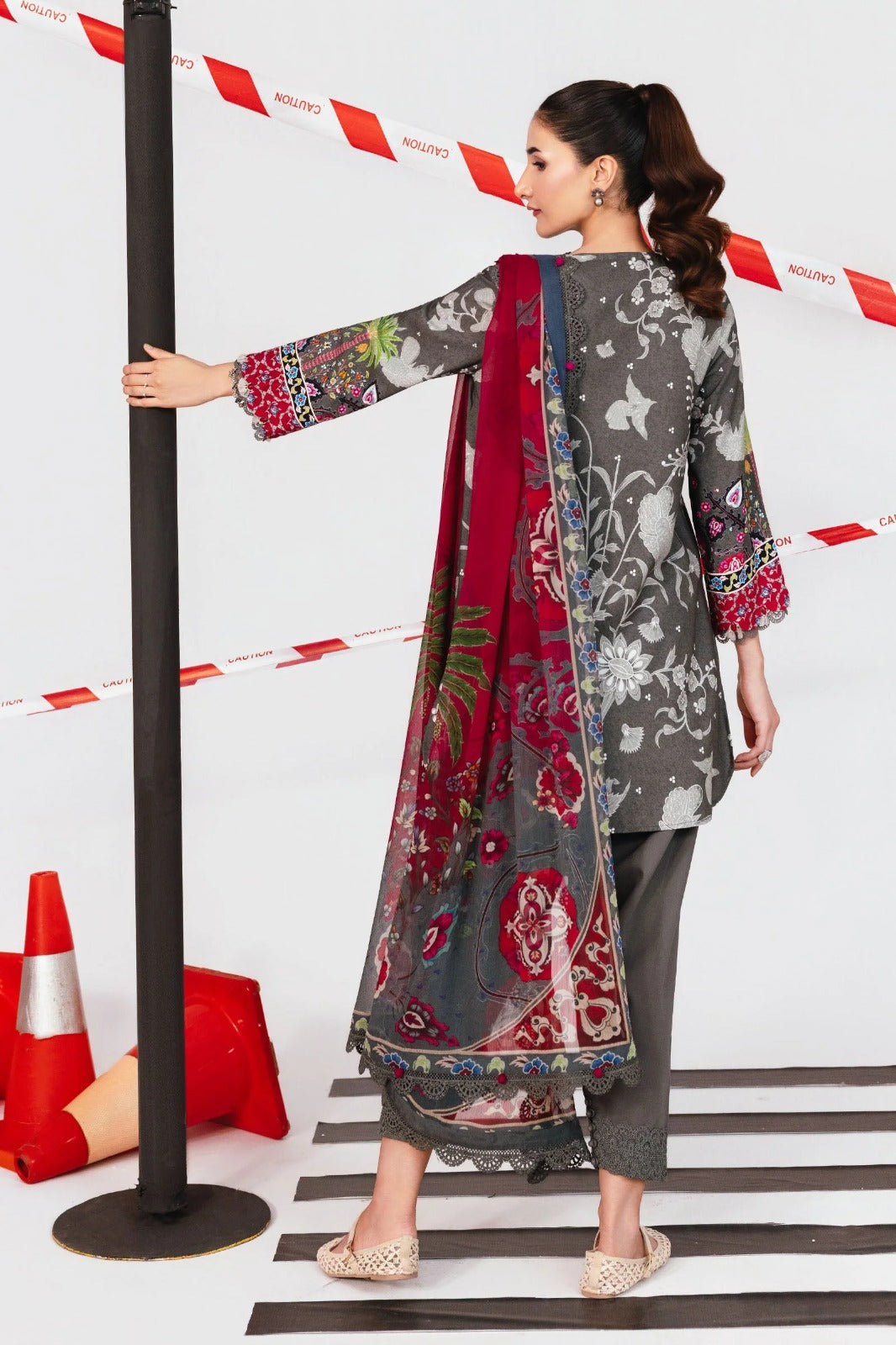 Charcoal Floral Printed 3-Piece Lawn Suit