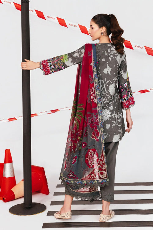Charcoal Floral Printed 3-Piece Lawn Suit