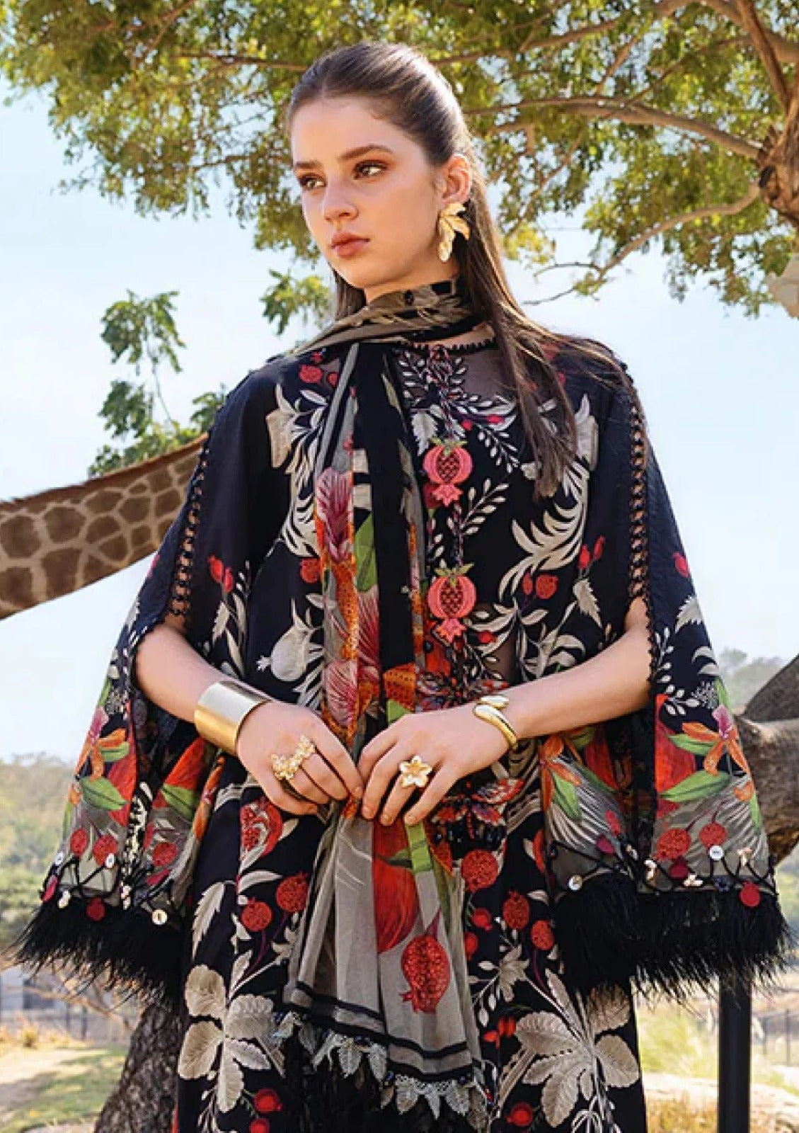 Black Floral Printed 3-Piece Lawn Suit