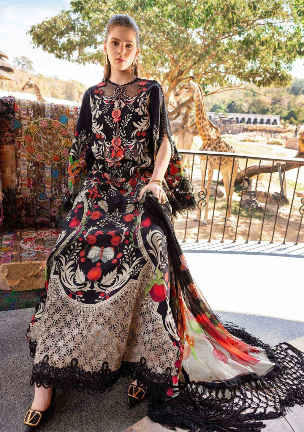 Black Floral Printed 3-Piece Lawn Suit