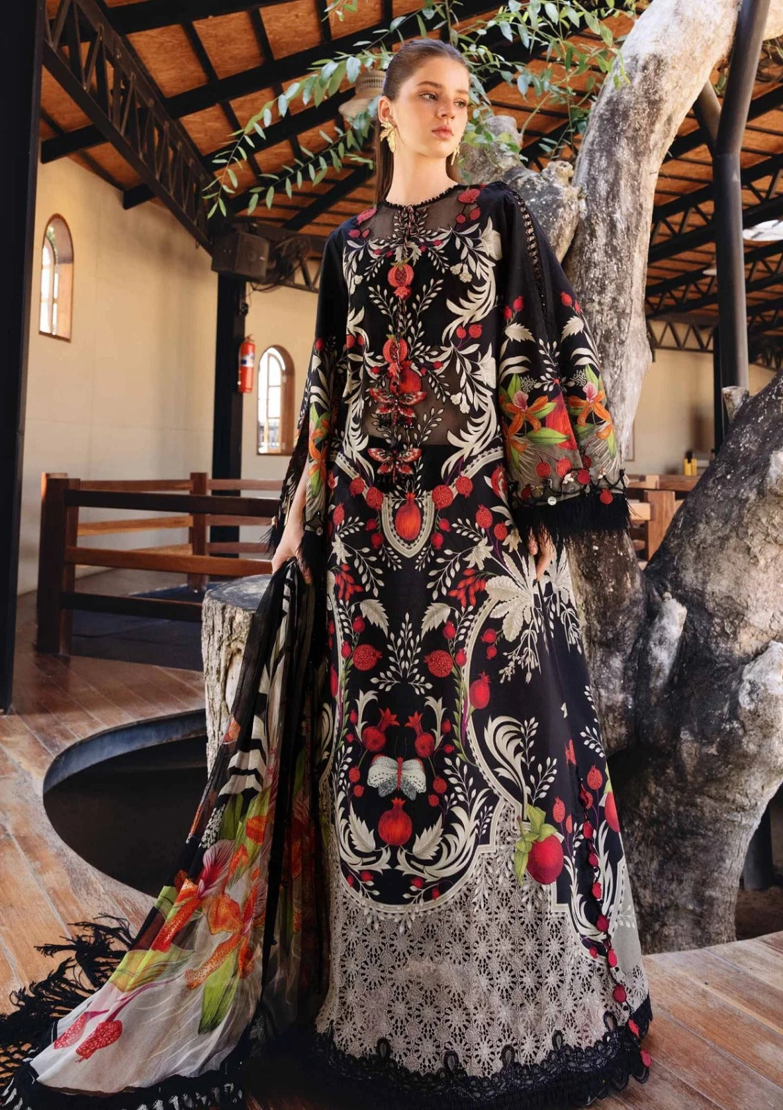 Black Floral Printed 3-Piece Lawn Suit