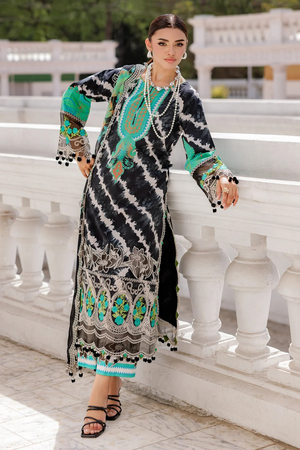 Title: Black Tie-Dye Printed 3-Piece Lawn Suit