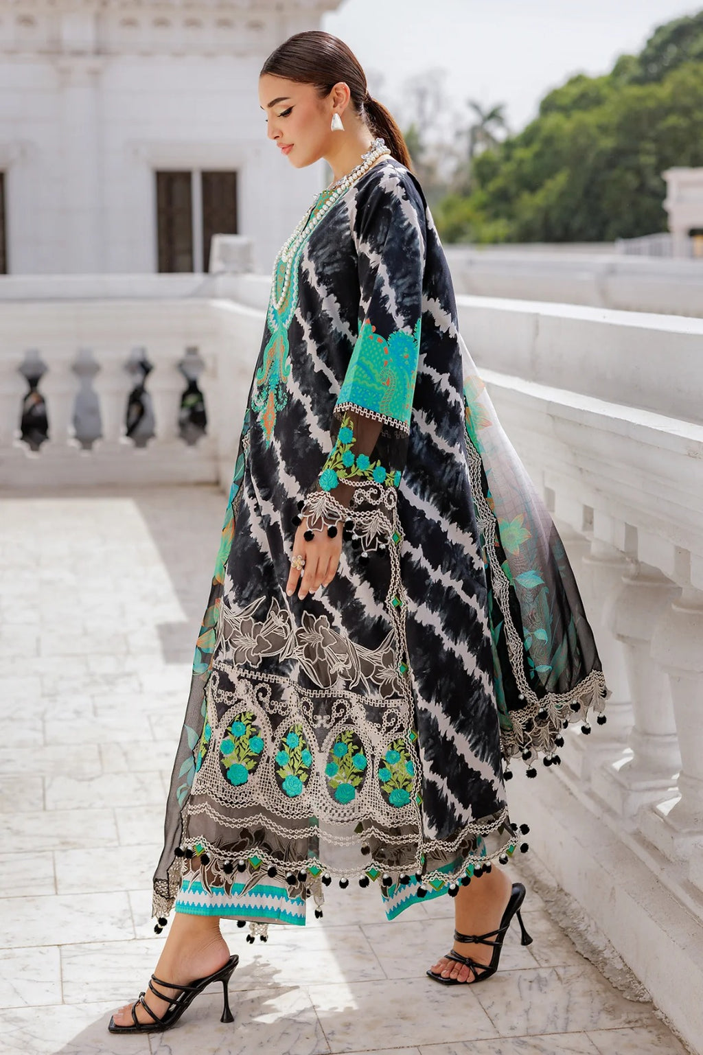 Title: Black Tie-Dye Printed 3-Piece Lawn Suit