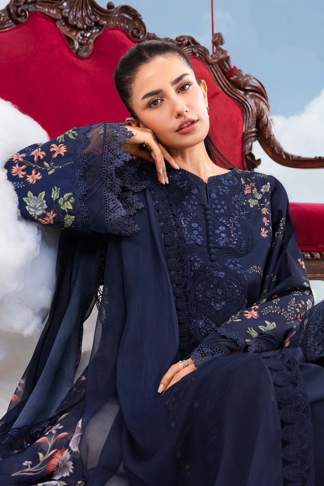 Navy Blue Printed 3-Piece Lawn Suit