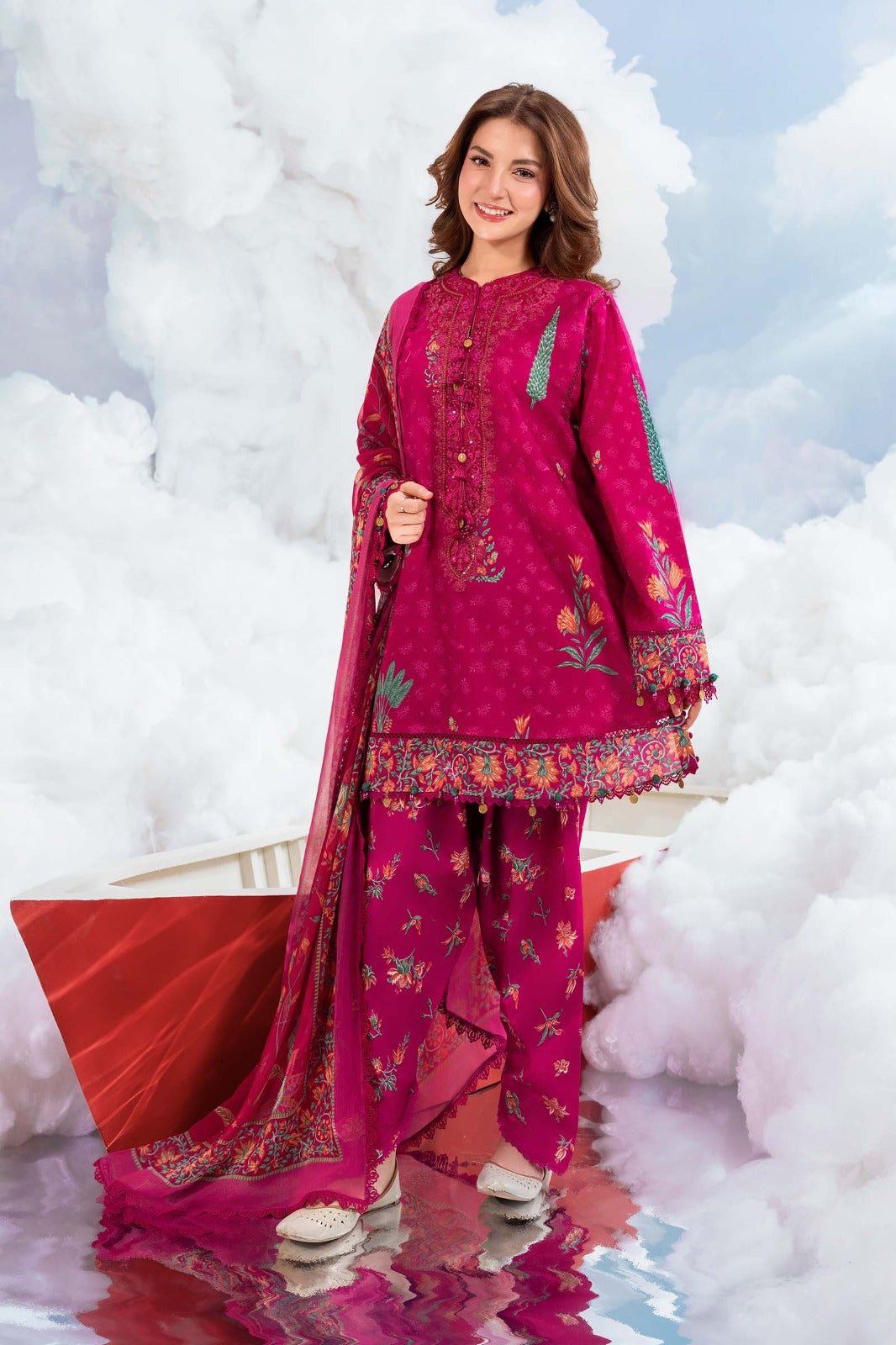 Magenta Pink Printed 3-Piece Lawn Suit