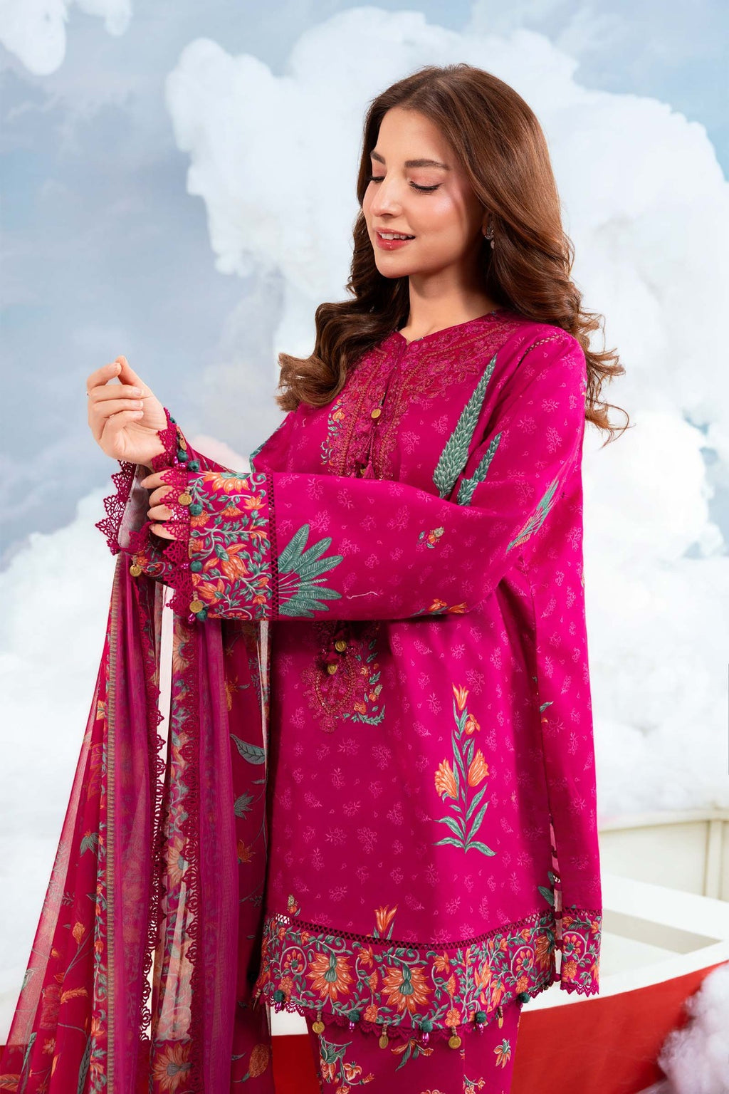 Magenta Pink Printed 3-Piece Lawn Suit