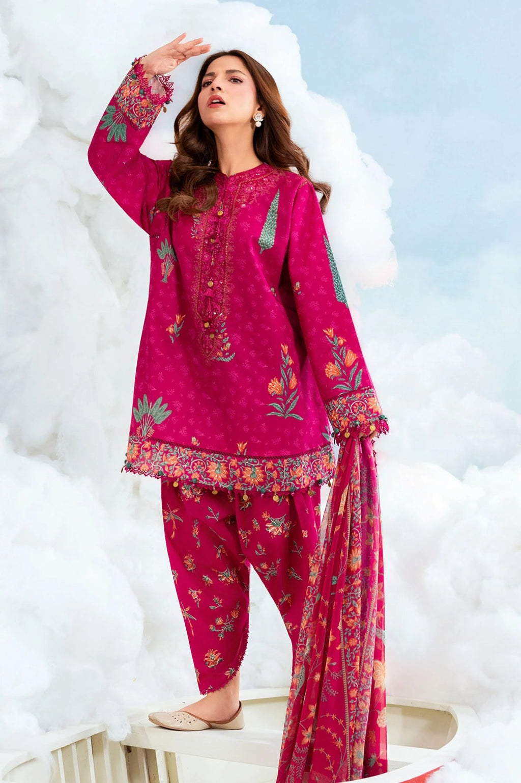 Magenta Pink Printed 3-Piece Lawn Suit