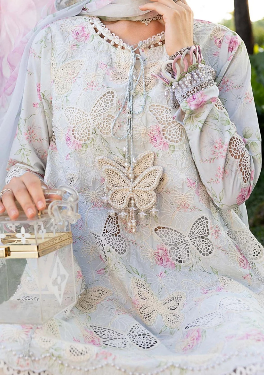 Ice Blue Butterfly Embroidered 3-Piece Lawn Suit