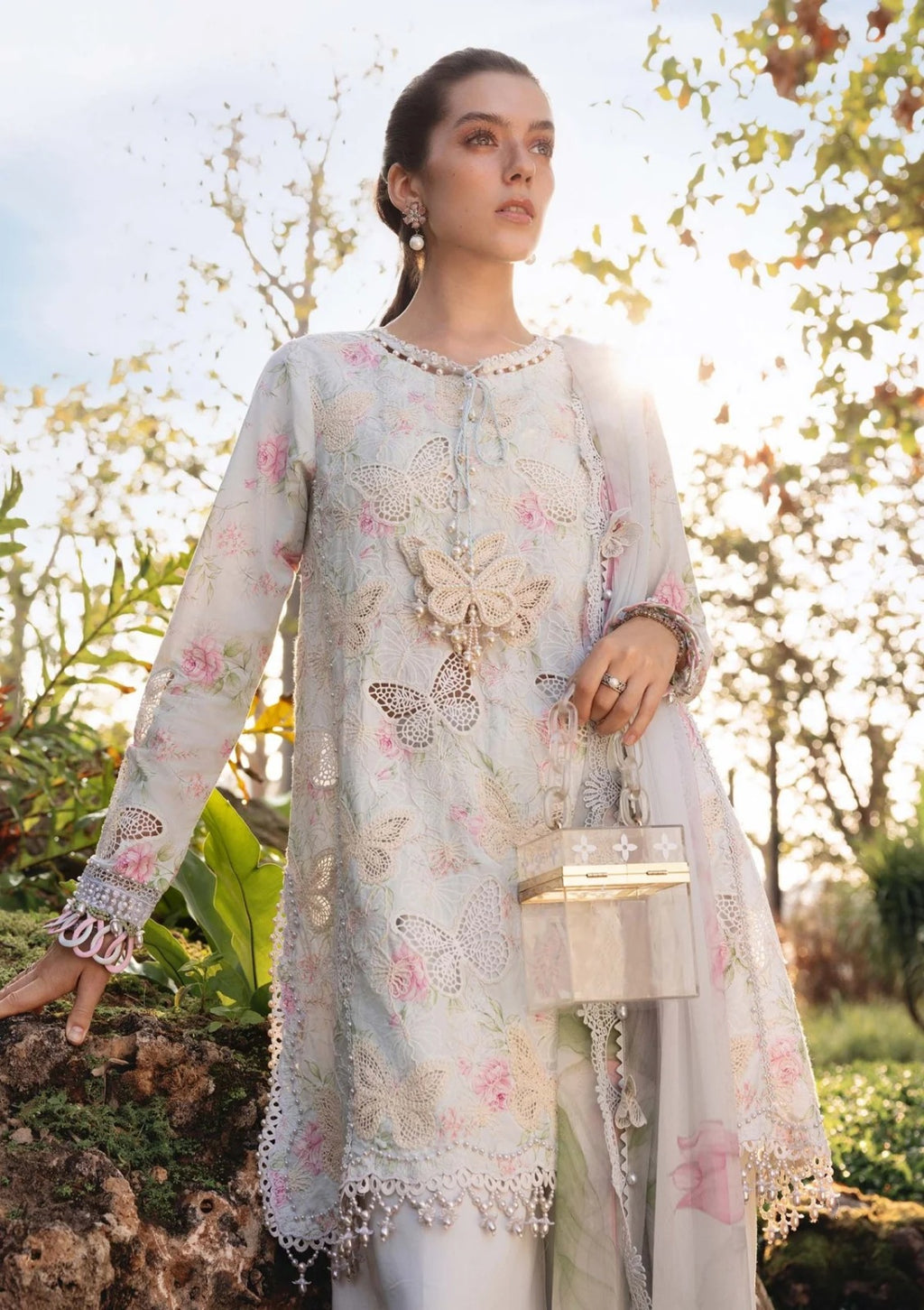 Ice Blue Butterfly Embroidered 3-Piece Lawn Suit