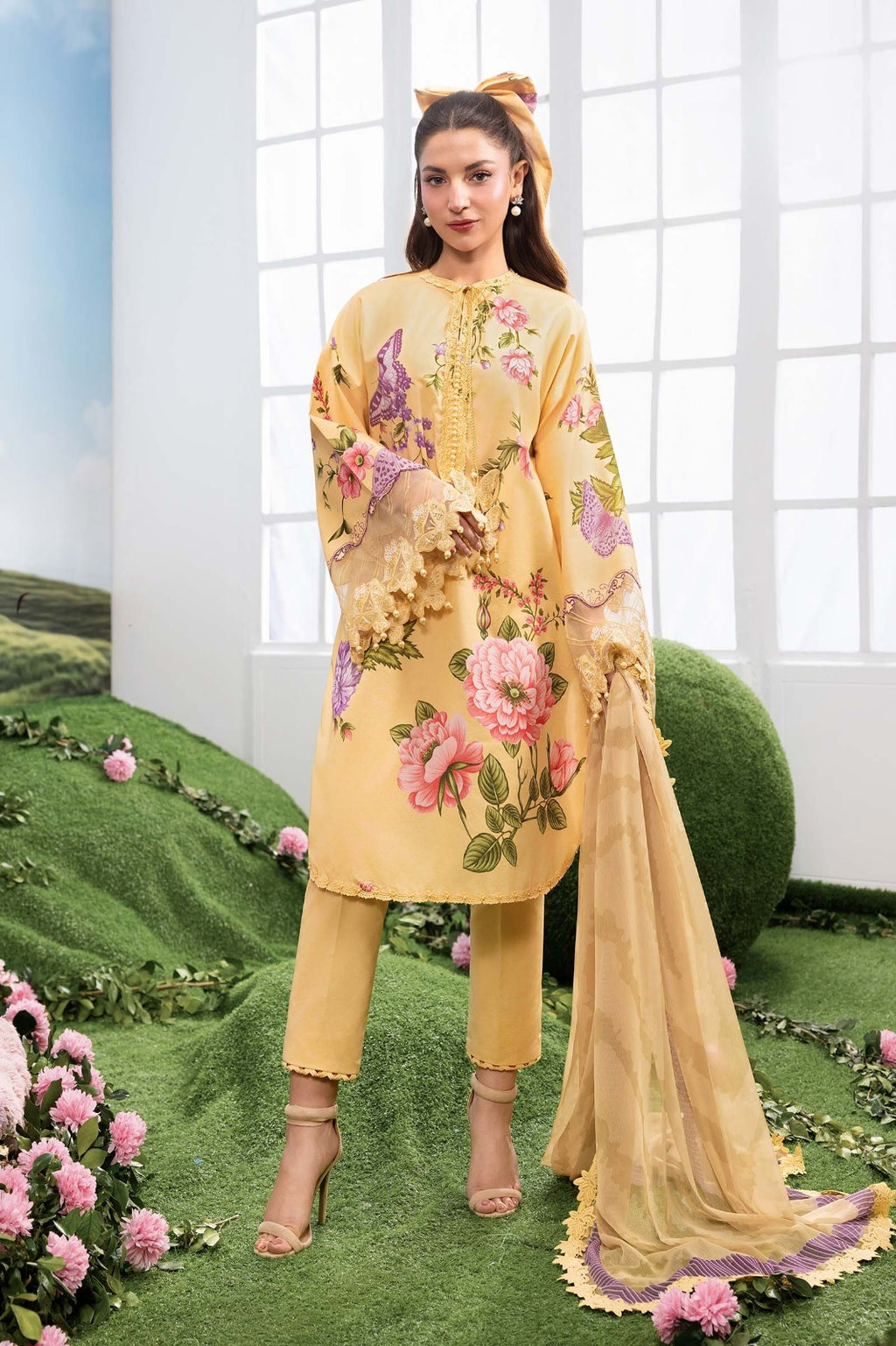 Mustard Yellow Floral Printed 3-Piece Lawn Suit