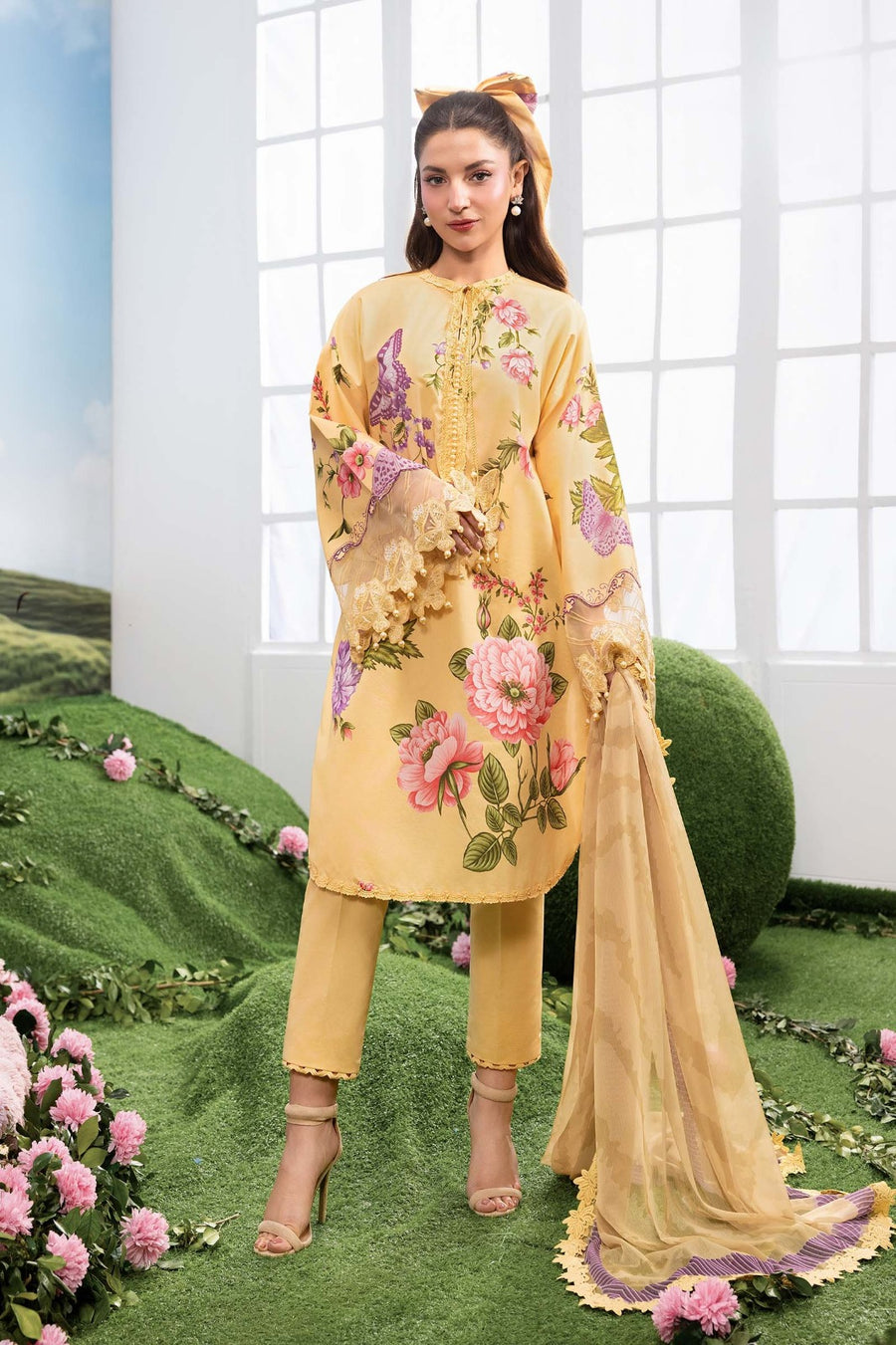 Mustard Yellow Floral Printed 3-Piece Lawn Suit