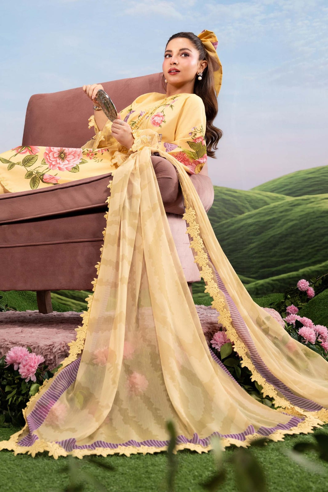 Mustard Yellow Floral Printed 3-Piece Lawn Suit