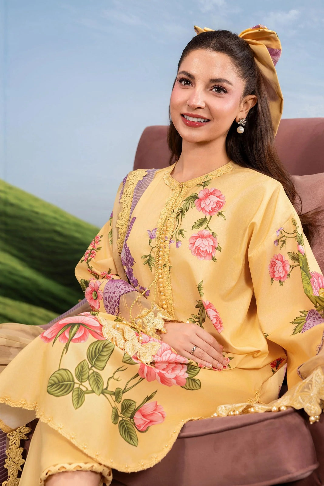 Mustard Yellow Floral Printed 3-Piece Lawn Suit