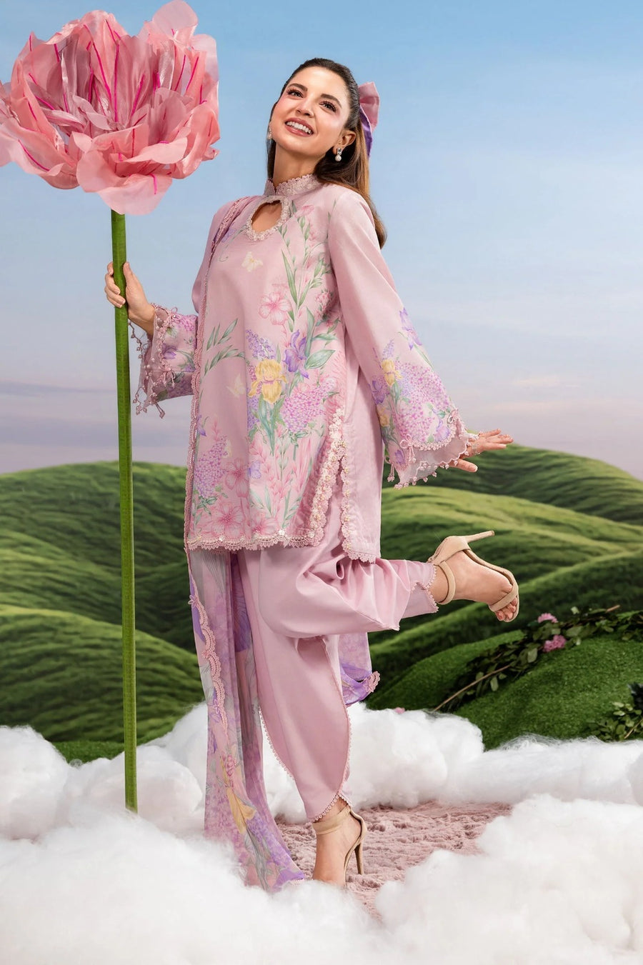 Pastel Pink Floral Printed 3-Piece Lawn Suit