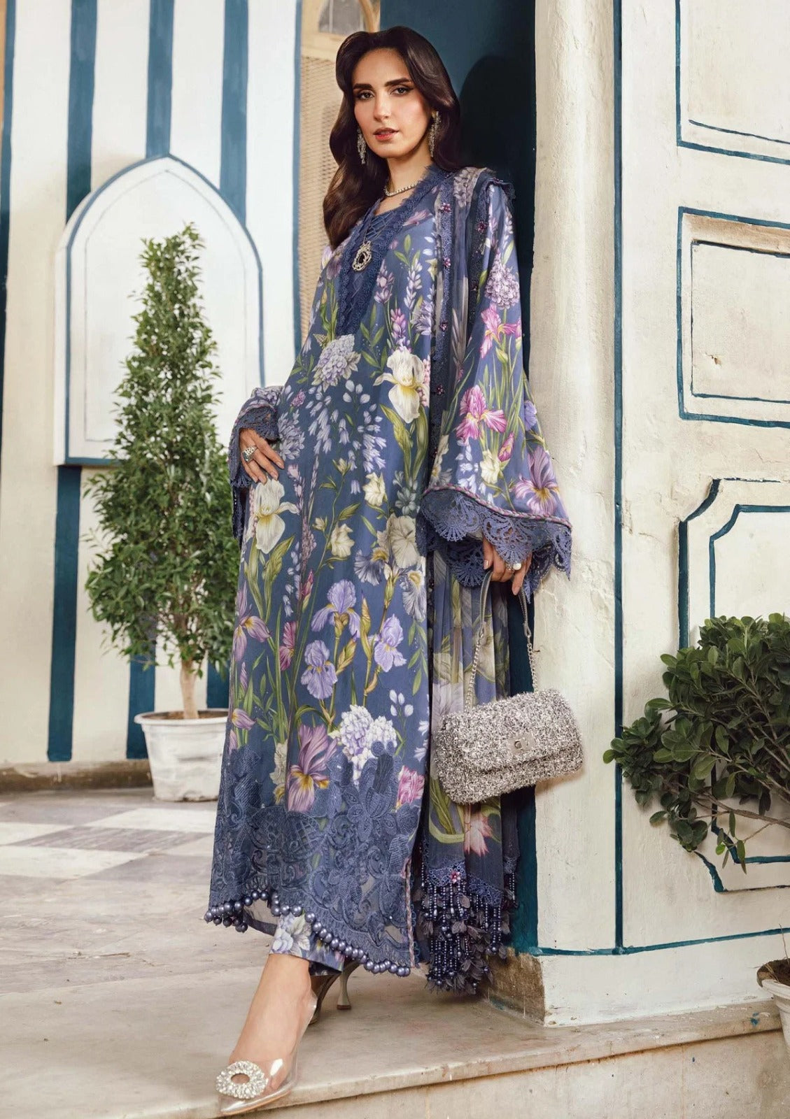 Slate Blue Floral Printed 3-Piece Lawn Suit