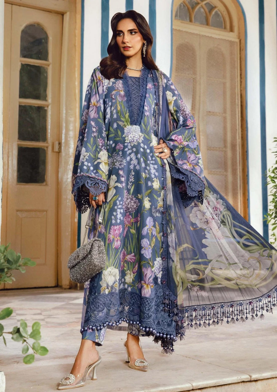 Slate Blue Floral Printed 3-Piece Lawn Suit