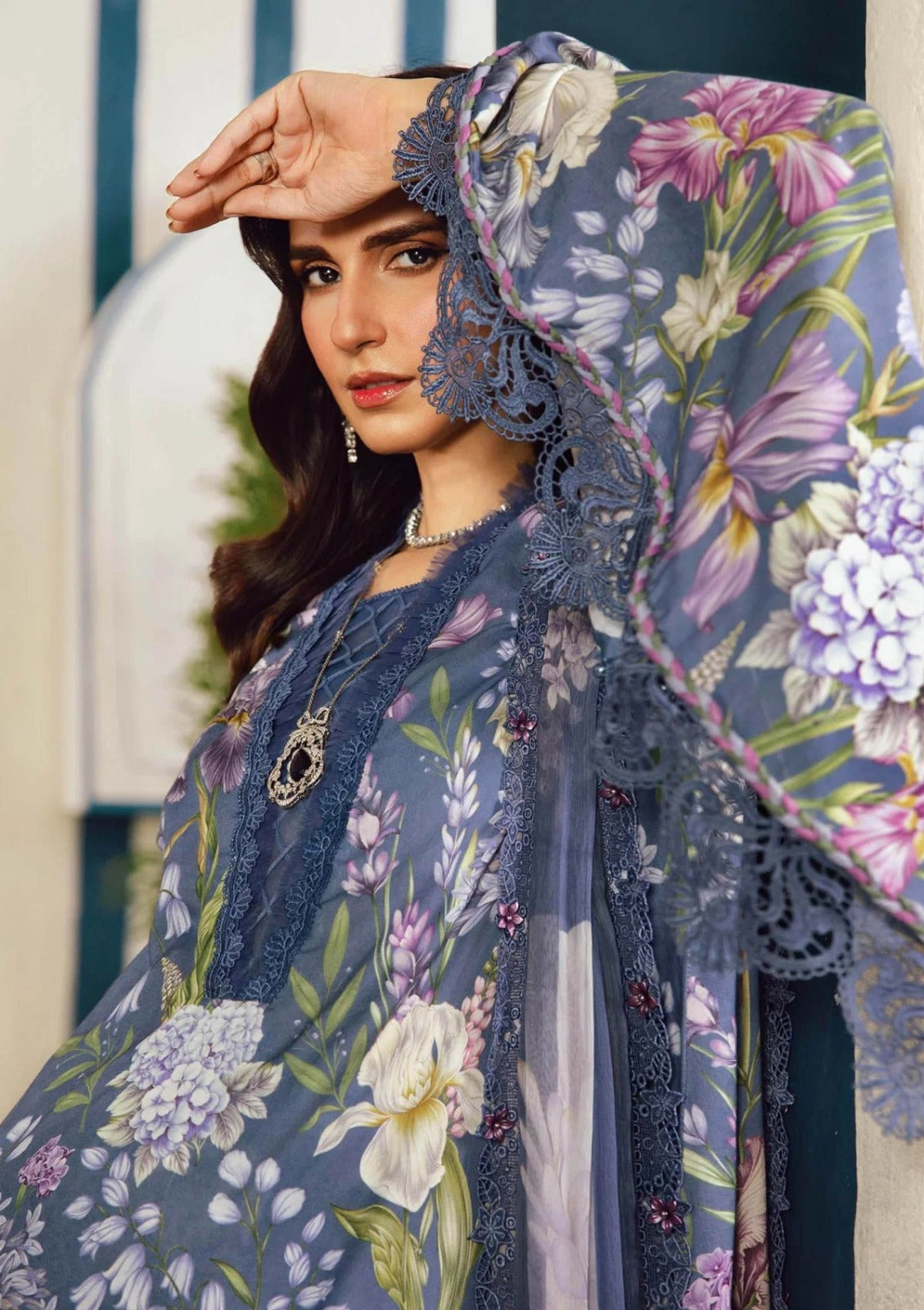 Slate Blue Floral Printed 3-Piece Lawn Suit
