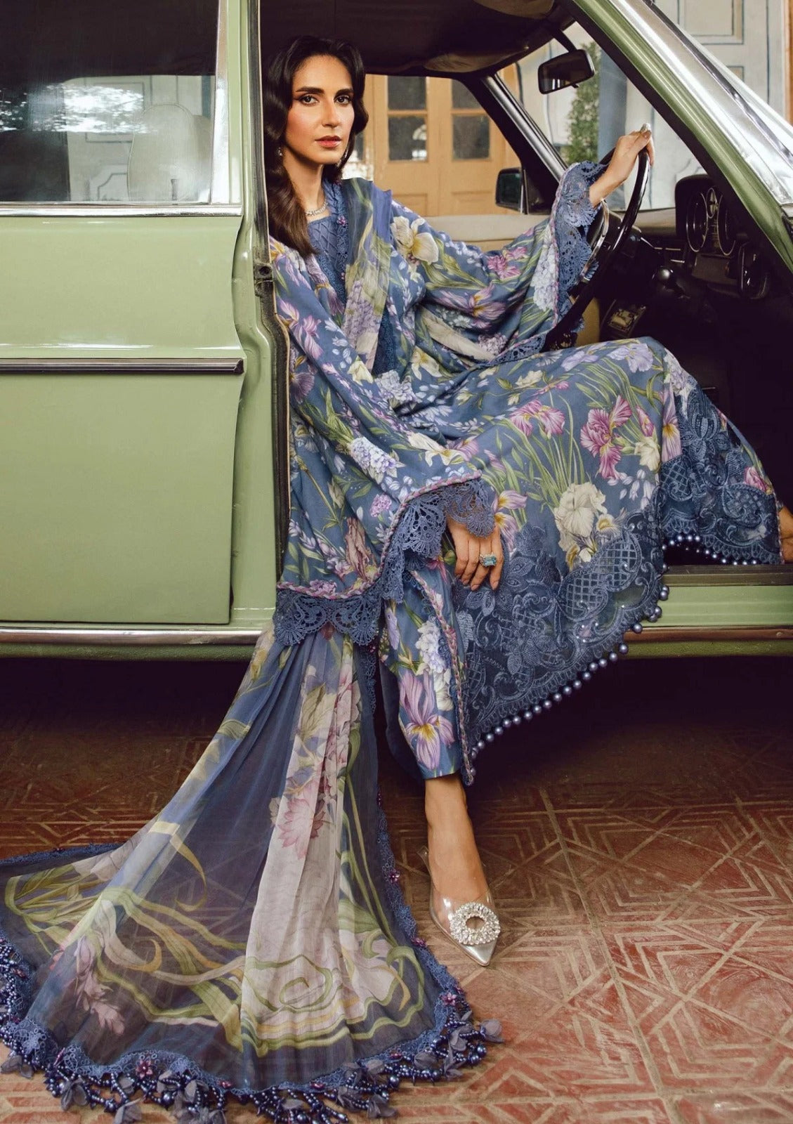 Slate Blue Floral Printed 3-Piece Lawn Suit