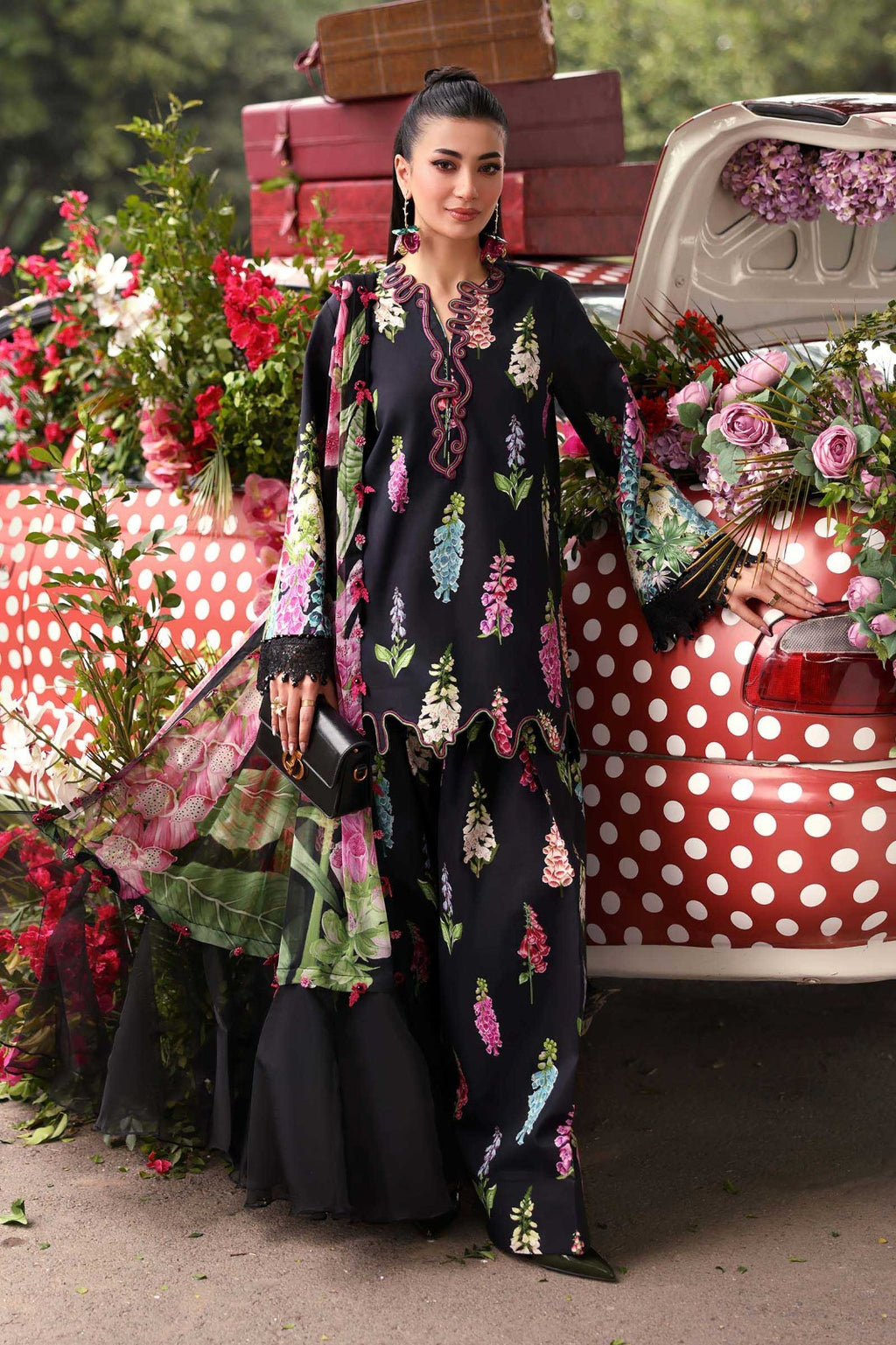 Title: Black Floral Printed 3-Piece Lawn Suit