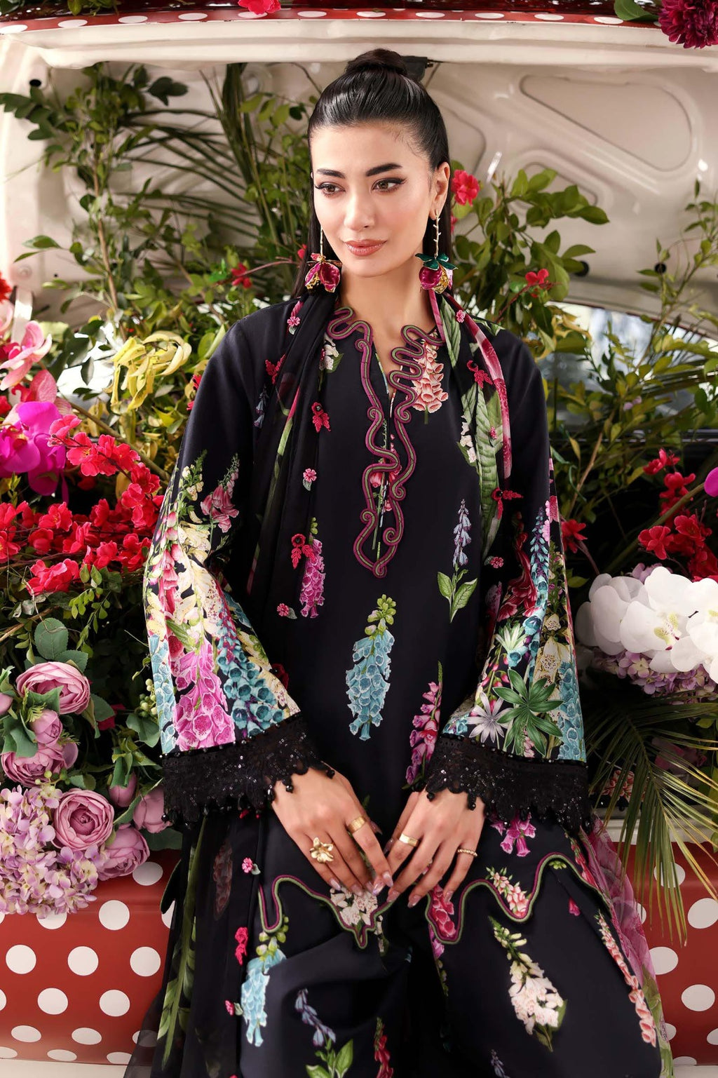 Title: Black Floral Printed 3-Piece Lawn Suit