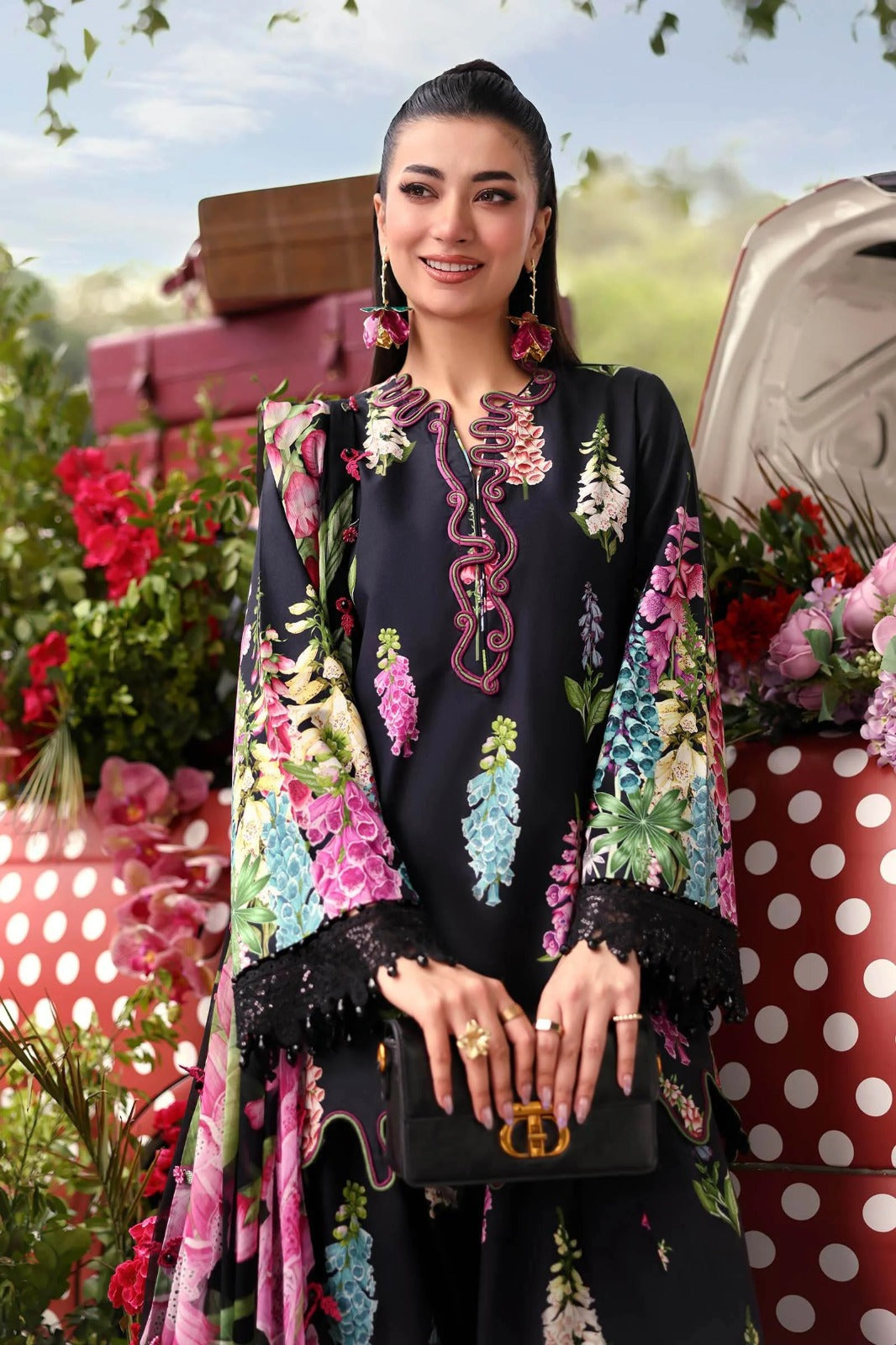 Title: Black Floral Printed 3-Piece Lawn Suit