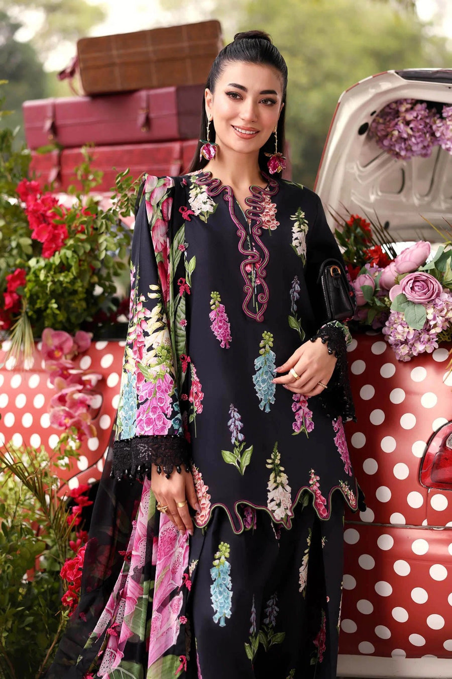 Title: Black Floral Printed 3-Piece Lawn Suit