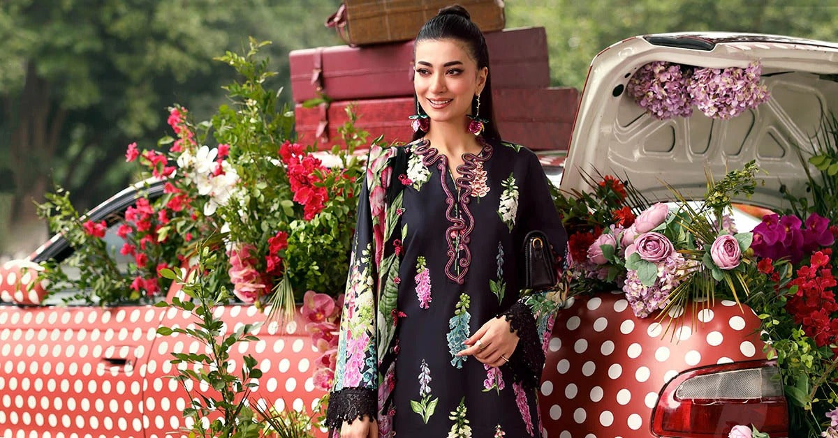Title: Black Floral Printed 3-Piece Lawn Suit