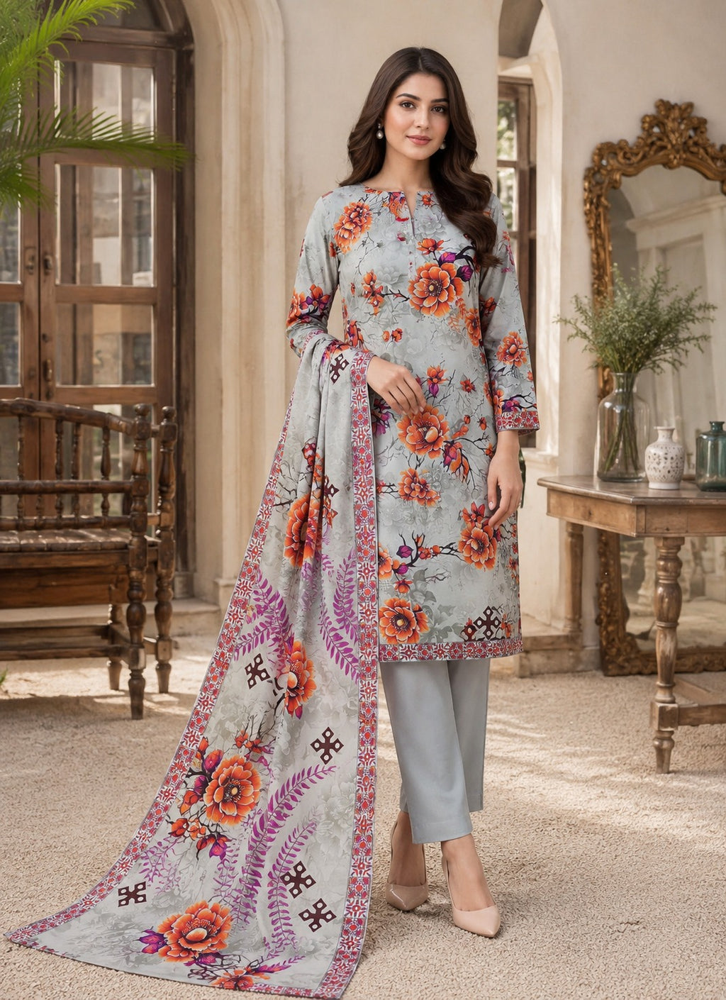 Grey Printed Nishat Linen 3 Piece Suit