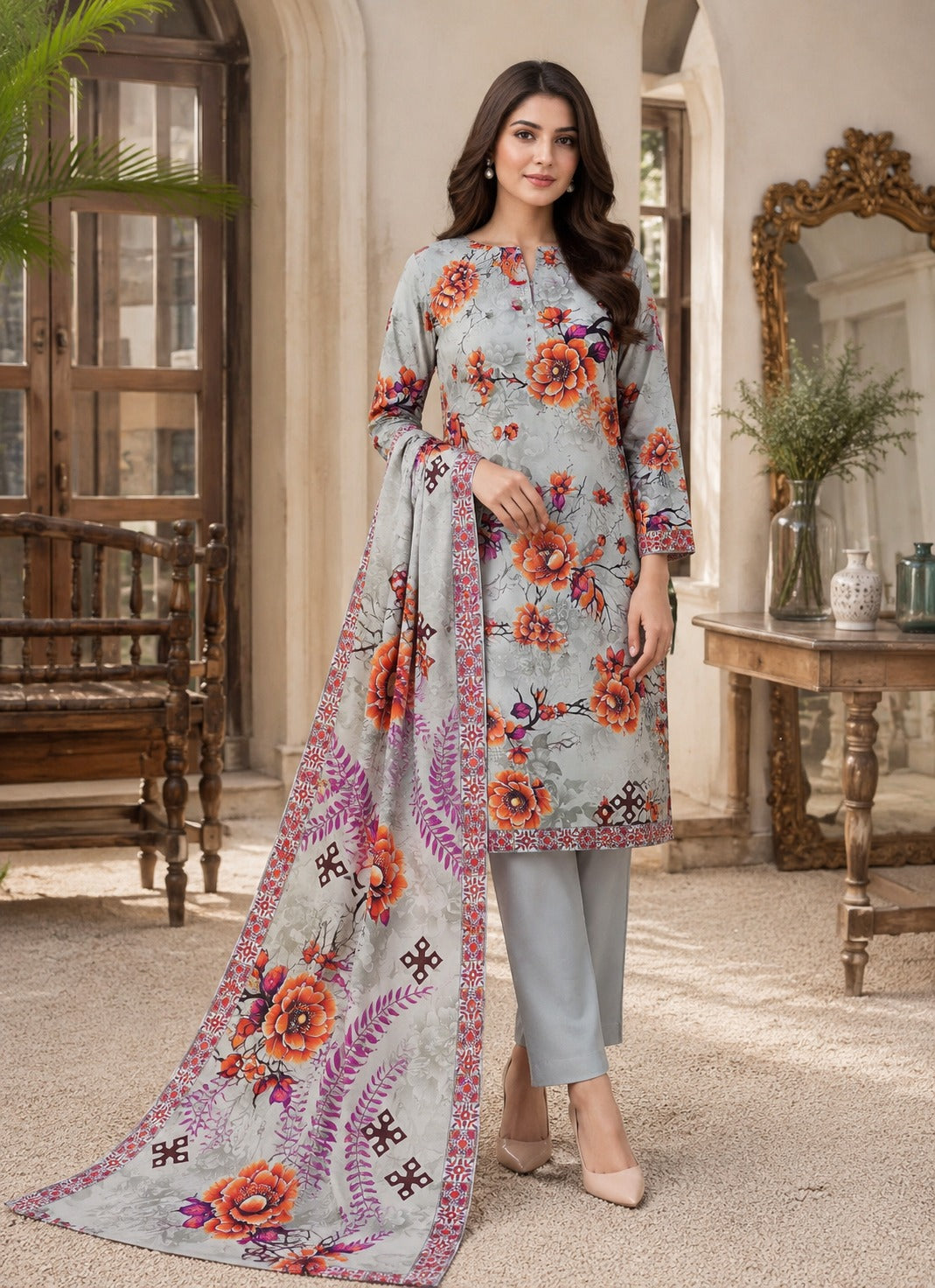 Grey Printed Nishat Linen 3 Piece Suit