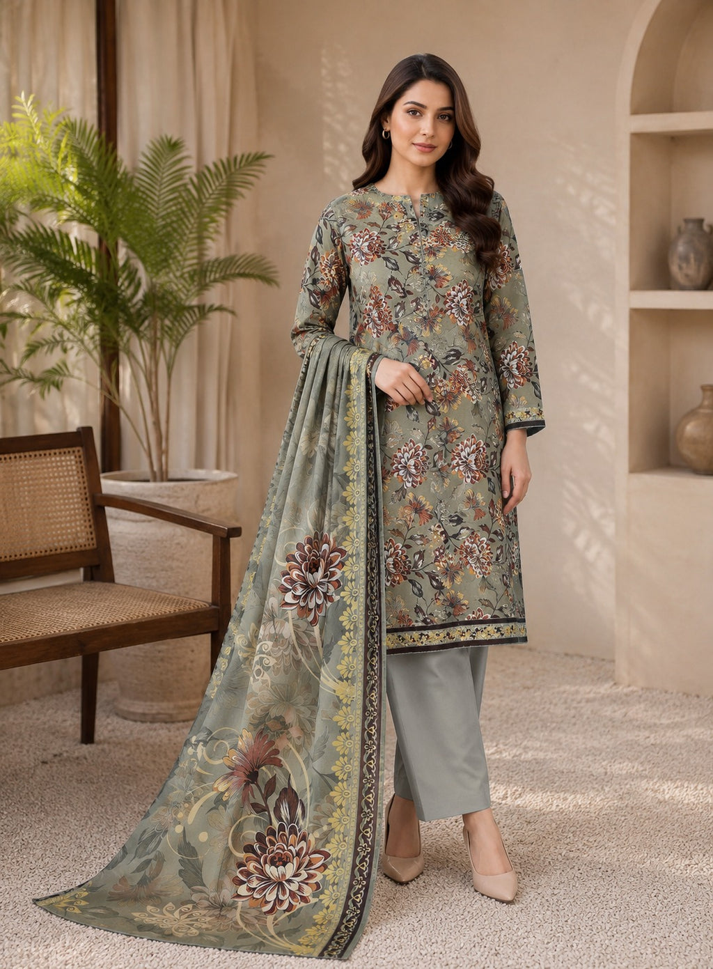 Sage Green Printed Nishat Linen 3 Piece Suit