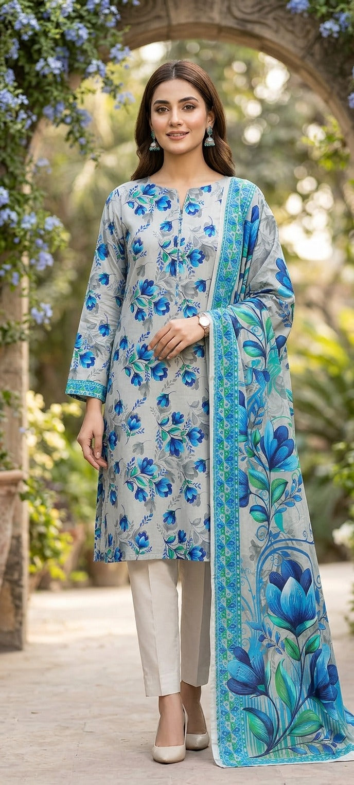 Light Blue Printed Nishat Linen 3 Piece Suit