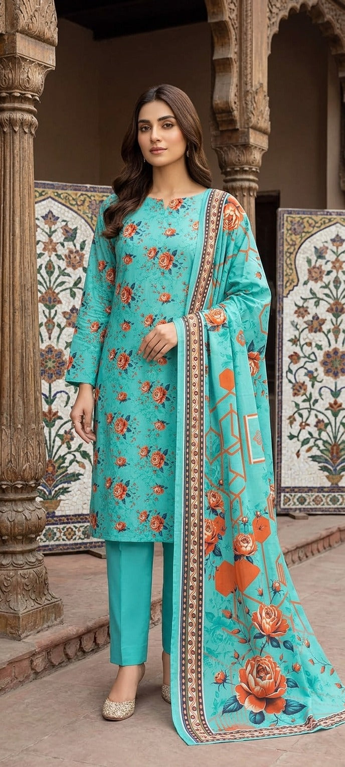 Turquoise Blue Printed Nishat Linen 3 Piece Suit