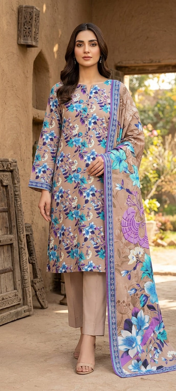 Beige Printed Nishat Linen 3 Piece Suit